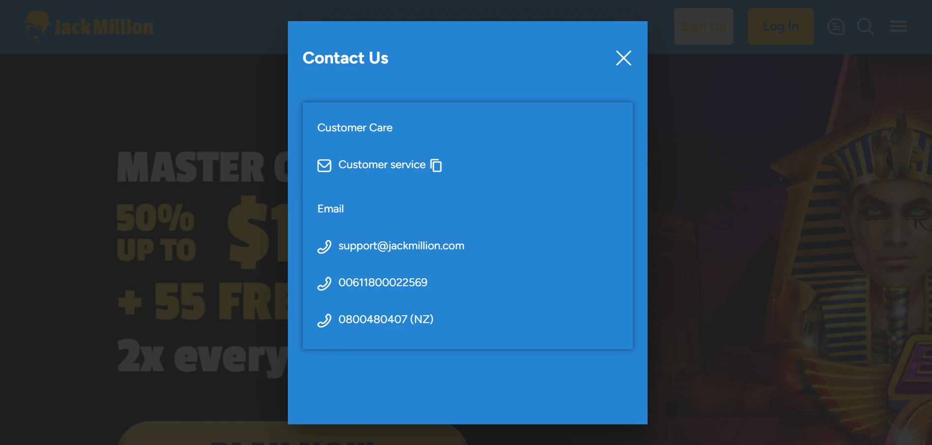 JackMillion Casino support contact options