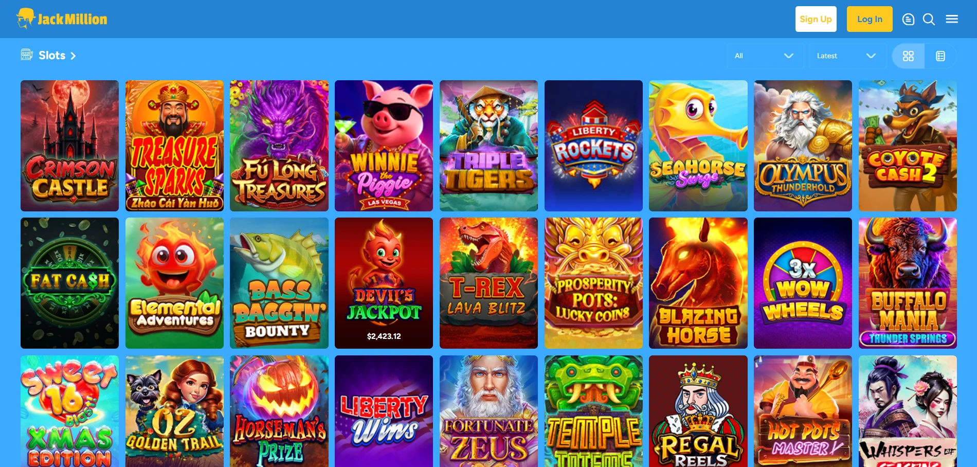JackMillion Casino games lobby with game icons