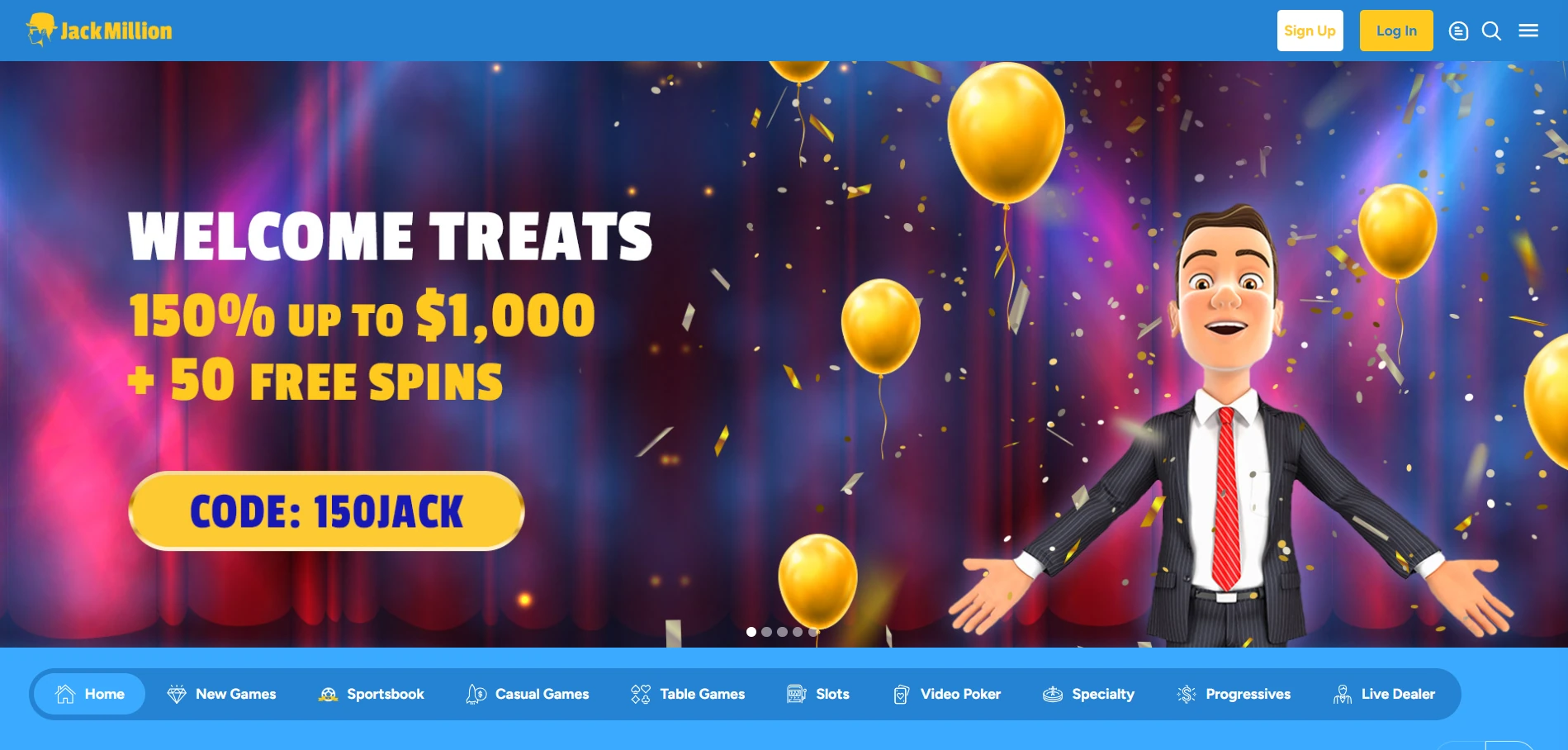 JackMillion Casino home page on desktop